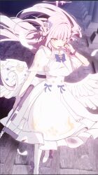 1girl blue_archive breasts capelet dress feathered_wings gun hair_bun halo highres large_breasts long_hair looking_at_viewer mika_(blue_archive) open_mouth pink_hair single_side_bun solo weapon white_capelet white_dress wings yellow_eyes yuyiosang