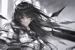 1girl arknights ascot black_ascot black_gloves black_hair close-up closed_mouth collared_shirt commentary_request ddinut floating_hair gloves halo hand_in_own_hair long_eyelashes looking_at_viewer shirt smile solo swept_bangs virtuosa_(arknights) yellow_eyes