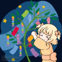 Rule 34 | 1girl, ^ ^, arms up, blonde hair, blush, bow, brown bow, brown kimono, chibi, closed eyes, closed mouth, commentary request, gochuumon wa usagi desu ka?, hair bow, japanese clothes, kimono, kirima syaro, mitya, obi, polka dot, polka dot kimono, sash, smile, solo, star (sky), star (symbol), tanabata, tanzaku, two side up