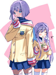 Rule 34 | 2girls, akayama yukihe, arm at side, blazer, blue eyes, blue skirt, blunt ends, blush, bob cut, bowl, bright pupils, chopsticks, clannad, closed mouth, commentary, cowboy shot, eating, food, food on face, fujibayashi kyou, fujibayashi ryou, hair between eyes, hair intakes, hair ribbon, hand up, highres, hikarizaka private high school uniform, holding, holding bowl, holding chopsticks, jacket, jitome, long hair, looking to the side, miniskirt, multiple girls, noodles, pleated skirt, purple eyes, purple hair, ribbon, sailor collar, school uniform, serafuku, short hair, siblings, sidelocks, simple background, sisters, sketch, skirt, sleeves past wrists, straight hair, tareme, thighhighs, translated, tress ribbon, turtleneck, twins, very long hair, white background, white ribbon, white sailor collar, white thighhighs, yellow jacket, zettai ryouiki