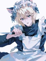1boy absurdres animal_ears apron arm_up blonde_hair blue_eyes buttoned_cuffs buttons cat_ears chinese_commentary commentary_request crossdressing dress frilled_apron frills hair_between_eyes highres holding holding_knife holding_weapon hunter_x_hunter kemonomimi_mode knife kurapika long_sleeves maid maid_apron maid_headdress male_focus male_maid parted_lips ppttppff simple_background solo weapon white_apron white_background