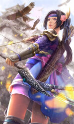 arrow_(projectile) bird black_hair bow_(weapon) castle fingerless_gloves gloves hair_ornament hawk headband inahime japanese_clothes kimono legs long_hair long_sleeves obi parted_bangs ponytail purple_eyes quiver sash sengoku_musou thighs weapon