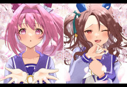2girls animal_ears bow brown_hair cherry_blossoms commentary_request double-parted_bangs ear_covers flower-shaped_pupils green_bow hair_between_eyes hair_bow hanasaka_(9769z) haru_urara_(umamusume) horse_ears horse_girl king_halo_(umamusume) looking_at_viewer multiple_girls one_eye_closed open_hands parted_bangs pink_eyes pink_hair ponytail red_eyes sailor_collar school_uniform side_ponytail solo symbol-shaped_pupils symbol_in_eye tracen_school_uniform umamusume upper_body wispy_bangs