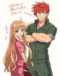 1boy 1girl :d agate_crosner ahoge blonde_hair blue_eyes closed_mouth commentary_request crossed_arms earrings eiyuu_densetsu gloves green_pants green_shirt holding holding_suitcase jewelry long_hair open_mouth pants pink_pants pink_shirt red_gloves red_hair riarashu scar scar_on_face sen_no_kiseki sen_no_kiseki_(series) sen_no_kiseki_i sen_no_kiseki_iii shirt short_hair simple_background smile suitcase tita_russell translation_request white_background