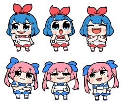 Rule 34 | 2girls, :3, :d, ^ ^, apron, bkub, blue eyes, blue hair, blue ribbon, blue shoes, blue shorts, blush, bow, bow apron, chibi, chibi only, closed eyes, closed mouth, commentary, crossed arms, diamond mouth, dot nose, hair ribbon, hairband, hand up, hands up, legs apart, long hair, multiple girls, omega ray, omega rio, omega sisters, open mouth, own hands together, pink hair, red hairband, red shoes, red shorts, ribbon, shoes, short hair, short sleeves, shorts, siblings, simple background, sisters, smile, standing, thighhighs, twintails, virtual youtuber, white apron, white background, white bow, white thighhighs, yellow eyes