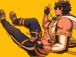1boy abs brown_hair fingerless_gloves gloves highres indie_virtual_youtuber jacket kite_hasegawa male_focus muscular muscular_male oneirio open_clothes open_jacket shoes sneakers yellow_eyes