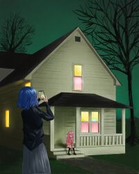 2girls american_football_(band) bare_tree black_shirt blue_eyes blue_hair bocchi_the_rock! cellphone corrupted_twitter_file cube_hair_ornament gotoh_hitori grey_skirt hair_ornament hcomsketches highres holding holding_phone house jacket long_hair long_sleeves multiple_girls one_side_up outdoors parody phone pink_hair pink_jacket pleated_skirt shirt short_hair sitting sitting_on_stairs skirt smartphone stairs taking_picture track_jacket tree yamada_ryo