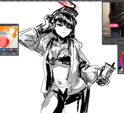 1girl alternate_costume art_program_in_frame blue_archive breasts halo hat large_breasts long_hair looking_at_viewer military_hat moonstone-six red_eyes rio_(blue_archive) sketch smile solo unfinished