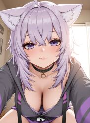 1girl :3 absurdres ahoge animal_collar animal_ear_fluff animal_ears black_choker black_hoodie blush bra breasts cat_ears cat_girl cat_tail choker cleavage closed_mouth collar collarbone drawstring echo_tsutsutsu foreshortening hair_between_eyes highres hololive hood hoodie indoors large_breasts long_sleeves looking_at_viewer medium_breasts nekomata_okayu original outstretched_arm outstretched_hand pov purple_eyes purple_hair reaching reaching_towards_viewer selfie short_hair solo tail thighs underwear virtual_youtuber