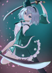1girl absurdres arm_up black_hairband blue_eyes brown_eyes closed_mouth concentrating frills green_eyes green_necktie green_shirt grey_hair hair_between_eyes hair_ribbon hairband highres holding holding_sword holding_weapon knee_up konpaku_youmu long_sleeves necktie ribbon shirt short_hair short_necktie solo standing standing_on_one_leg sword tachyon663504 touhou weapon white_trim