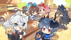 ... 2boys 3girls absurdres ahoge animal_ears arknights ascot baking_sheet black_cape black_gloves black_jacket black_skirt black_wings blue_bow blue_bowtie bow bowtie brown_eyes brown_hair cape capelet cat_ears chibi chinese_commentary christine_(arknights) commentary_request cookie dress eyjafjalla_(arknights) eyjafjalla_the_hvit_aska_(a_picnic_before_a_long_trip)_(arknights) eyjafjalla_the_hvit_aska_(arknights) food frying_pan gloves goldenglow_(arknights) goldenglow_(party_in_the_garden)_(arknights) grey_eyes grey_hair head_bow head_wings highres holding holding_food hood hooded_capelet horns indoors infection_monitor_(arknights) jacket kitchen knife lappland_(arknights) lappland_the_decadenza_(arknights) logos_(arknights) long_hair looking_down mole mole_under_eye multiple_boys multiple_girls one_eye_closed open_mouth oven_mitts phantom_(arknights) pink_eyes pink_hair pointy_ears ponytail red_ascot red_bow red_eyes saucer_(saucer752) scar scar_across_eye scar_on_face short_hair sidelocks skirt smile sparkle stool table tile_floor tiles watermark weibo_watermark white_dress window wings yellow_eyes