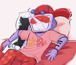 Rule 34 | 2boys, ant tenna, ass, black hair, colliholly, commentary, crt, dakimakura (object), deltarune, english commentary, english text, heart, heart-shaped pillow, highres, humanoid robot, lying, male focus, multiple boys, object head, on back, on bed, open mouth, pants, pillow, pointy nose, print pants, print shirt, red pants, red shirt, robot, saliva, shirt, sleep mask, sleeping, solo, spamton g. spamton, zzz