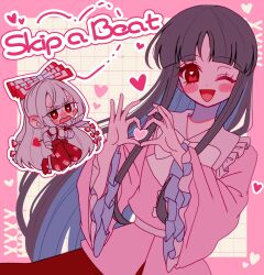 2girls arrow_(projectile) black_hair blush bow bowtie chibi chibi_inset collared_shirt colored_inner_hair commentary_request english_text frilled_shirt_collar frilled_sleeves frills fujiwara_no_mokou grey_hair hair_bow heart heart-shaped_pupils heart_arrow heart_hands highres houraisan_kaguya long_hair long_sleeves multicolored_hair multiple_girls multiple_hair_bows ofuda ofuda_on_clothes one_eye_closed open_mouth pants pink_shirt red_eyes red_pants red_skirt shirt skirt smile suspenders sweat symbol-shaped_pupils ta_mi_01000 touhou very_long_hair white_bow white_bowtie white_shirt wide_sleeves yuri