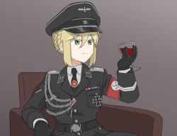 artoria_pendragon_(fate) badge black_gloves blonde_hair cup drinking_glass fate_(series) gloves green_eyes hat military military_hat military_uniform nazi nullpo wine_glass