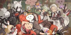 1boy 3girls absurdres alexandrina_sebastiane anastella_(zenless_zone_zero) animal_bag animal_ears apron bear_bag black_dress black_gloves black_hair breasts burger butler_(zenless_zone_zero) chain closed_eyes commentary_request corin_wickes couch crying dress drusilla_(zenless_zone_zero) ellen_joe eyepatch fainted food food_on_face furry furry_male giving_up_the_ghost gloves green_hair grey_hair halo highres holding holding_spatula korean_commentary lettuce lying maid maid_apron maid_headdress multiple_girls on_back on_couch orange_foxi partially_fingerless_gloves plate portrait_(object) puffy_short_sleeves puffy_sleeves red_hair screw_hair_ornament short_sleeves spatula sweatdrop tail tentacles tomato twintails von_lycaon white_apron white_hair wolf_boy wolf_ears wolf_tail zenless_zone_zero