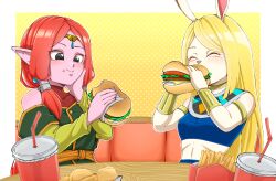 2girls animal_ears armlet bandeau black_eyes blonde_hair blue_bandeau blue_gemstone border burger chips_(food) circlet colored_skin commentary_request cup disposable_cup dragon_ball dragon_ball_heroes drinking_straw earrings eating food food_on_face french_fries furry furry_female gem gold_armlet gold_bracer gold_circlet green_jacket hand_on_own_cheek hand_on_own_face highres holding holding_food jacket jewelry kaioushin long_hair low_ponytail low_twintails midriff multiple_girls parted_hair pink_hair pink_skin pointy_ears ponytail potara_earrings rabbit_ears rabbit_girl red_shirt saria_(dragon_ball) shin_(mrgt2288) shirt sleeveless sleeveless_turtleneck sphere_earrings turtleneck twintails upper_body usekh_collar wairu white_border yellow_background yellow_sleeves