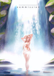1girl armpits arms_up blonde_hair breasts commission completely_nude convenient_censoring day hair_censor large_breasts long_hair looking_at_viewer navel nude original outdoors parted_lips red_eyes solo steam steam_censor sumustard wading water waterfall