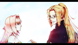 1boy 1girl absurdres ahoge archetype_earth arcueid_brunestud bare_shoulders blonde_hair breasts cleavage cross cross_necklace detached_sleeves dress expressionless flower glasses gold_trim hidaboland highres holding_hands jewelry long_hair long_sleeves looking_at_another michael_roa_valdamjong michael_roa_valdamjong_(human) necklace ponytail priest red_eyes sky smile tsukihime upper_body vampire very_long_hair white_dress