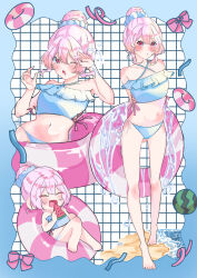 1girl bikini blue_bikini brown_eyes pink_hair ponytail swimsuit water_melon