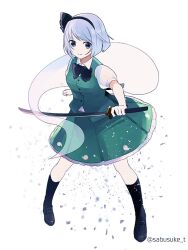 1girl artist_name black_bow black_bowtie black_hairband black_shoes black_socks bow bowtie full_body ghost green_shirt green_skirt grey_eyes hairband holding holding_sword holding_weapon katana konpaku_youmu konpaku_youmu_(ghost) loafers puffy_short_sleeves puffy_sleeves sabusuke_t shirt shoes short_hair short_sleeves skirt socks solo standing sword touhou weapon white_hair