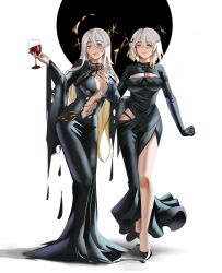 2girls absurdres alcohol arcana_(reverse:1999) arcana_(reverse:1999)_(cosplay) black_dress black_gloves black_shoes blonde_hair breasts callista_(notgustiarp) circle cleavage cleavage_cutout clothing_cutout colored_tears cosplay cup dress drinking_glass dual_persona elbow_gloves full_body gloves gradient_hair grin hand_up highres hip_vent holding holding_cup large_breasts long_dress long_hair long_sleeves multicolored_hair multiple_girls no_bra notgustiarp original plunging_neckline reverse:1999 shoes short_hair side_slit single_tear smile standing very_long_hair wand_in_head white_background white_hair wide_sleeves wine wine_glass yellow_eyes