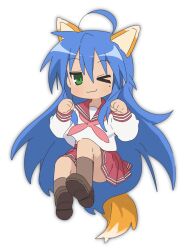 :3 ahoge animal_ears blue_hair brown_shoes fox fox_ears fox_tail full_body green_eyes highres izumi_konata lucky_star mole mole_under_eye one_eye_closed red_sailor_collar ryouou_school_uniform sailor_collar school_uniform serafuku shoes tail wuju59