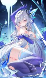 Rule 34 | 1girl, absurdres, anus, arm under breasts, armpits, ass, blush, breasts, censored, chinese commentary, closed mouth, commentary request, dress, feet, genshin impact, gradient thighhighs, highres, holding, holding sword, holding weapon, jndfh, large breasts, large variant set, long hair, looking at viewer, mosaic censoring, navel, night, night sky, nipples, no prosthetic leg, no shoes, parted lips, prosthesis, prosthetic arm, purple thighhighs, pussy, sitting, skirk (genshin impact), sky, solo, stomach, sword, thighhighs, variant set, weapon, white dress, white hair, yokozuwari
