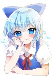 1girl arm_rest blue_bow blue_dress blue_eyes blue_hair blue_vest blush bow cirno closed_mouth collared_shirt detached_wings dress hair_bow hand_on_own_cheek hand_on_own_face highres ice ice_wings looking_at_viewer ochazuke puffy_short_sleeves puffy_sleeves shirt short_hair short_sleeves smile solo touhou upper_body vest white_background white_shirt wings