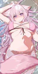 1girl absurdres animal_ears antenna_hair bikini bikini_top_only blush bottomless braid braided_bun breasts caustics closed_mouth commentary covering_crotch covering_privates crown_braid fingernails groin hair_between_eyes hair_bun hair_ornament hair_ribbon hakui_koyori highres hiro_(phese) hololive large_breasts long_hair looking_at_viewer lying lying_on_water multicolored_eyes navel on_back pink_bikini pink_eyes pink_hair pink_lips purple_eyes red_ribbon ribbon solo stomach swimsuit tail tail_censor thighs two-tone_eyes virtual_youtuber water wolf_ears wolf_girl wolf_tail