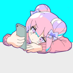 1girl aqua_background arms_on_table bow cellphone datenshi-chan_(nanawo_akari) double_bun hair_bow hair_bun head_on_table highres holding holding_phone indie_utaite instant_heaven kimi_(user_vppd4758) mob_face nanawo_akari phone pink_eyes pink_hair pink_sweater pull_cord purple_bow smartphone solo sweater table