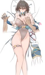 1girl absurdres aqua_collar aqua_gloves bead_necklace beads breasts gloves highres holding_hands honkai:_star_rail honkai_(series) interlocked_fingers jewelry large_breasts lying milksaver necklace on_back pearl_necklace pov pov_hands ruan_mei_(honkai:_star_rail) see-through_clothes