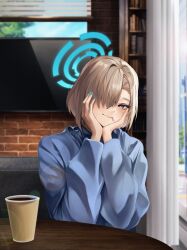 1girl asuna_(blue_archive) blue_archive blue_halo blue_nails blue_sweater blush bob_cut bookshelf brick_wall closed_mouth commentary_request cup curtains disposable_cup hair_over_one_eye halo hands_on_own_cheeks hands_on_own_face head_tilt highres light_brown_hair looking_at_viewer miisang47 short_hair sweater table television window window_blinds wooden_table