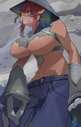 1girl 24-year-old_student bird breasts closed_mouth cloud cloudy_sky cookie_(touhou) denim giant giantess grey_hair hat highres huge_breasts jeans medium_hair multicolored_hair no_navel no_nipples outdoors pants red_eyes red_hair rope shide shimenawa sidelocks sky solo stone_hands the_giant_behind_fight topless_female