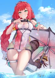 Rule 34 | 1girl, blue sky, breasts, cleavage, clenched teeth, cloud, day, facial tattoo, gluteal fold, green eyes, heart, heart tattoo, highres, holding, holding umbrella, kamanosuke (zenless zone zero), kep (ahokep), looking at viewer, medium breasts, official alternate costume, outdoors, red hair, sky, smile, swimsuit, tattoo, teeth, thighs, ukinami yuzuha, ukinami yuzuha (tanuki in broad daylight), umbrella, zenless zone zero