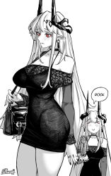 1girl alternate_costume arknights bag bare_shoulders black_dress blush breasts character_doll cleavage collarbone commentary cowboy_shot doctor_(arknights) doll dress ear_blush earrings english_commentary english_text furauji greyscale halterneck horns jewelry large_breasts long_hair long_sleeves monochrome mudrock_(arknights) multiple_rings multiple_views nail_polish off-shoulder_dress off_shoulder pointy_ears red_eyes ring short_dress shoulder_bag smile spaghetti_strap spot_color thick_thighs thighs twitter_username upper_body white_hair