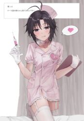 1girl :q absurdres aburi-gatana antenna_hair black_hair blush clipboard closed_mouth dress garter_straps glint gloves hat heart highres holding holding_clipboard holding_syringe idolmaster idolmaster_(classic) kikuchi_makoto looking_at_viewer nurse nurse_cap pink_dress pink_hat purple_eyes request_inset short_hair short_sleeves solo speech_bubble spoken_heart standing sweatdrop syringe thighhighs tongue tongue_out translation_request white_gloves white_thighhighs