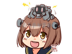 1girl artist_logo black_sailor_collar brown_eyes brown_hair commentary_request dated headgear kantai_collection kutone_shirika logo object_on_head open_mouth radar_hair_ornament robot round_teeth sailor_collar short_hair teeth upper_teeth_only yukikaze_(kancolle) yukikaze_kai_ni_(kancolle)