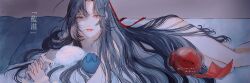 1boy androgynous animal bed bed_sheet bite_mark black_hair black_rabbit_(animal) chinese_text closed_mouth grey_eyes hair_down hair_ribbon half_updo highres holding holding_ribbon hugging_object implied_yaoi indoors jug_(bottle) long_hair looking_at_viewer lying male_focus modao_zushi nude official_alternate_hairstyle ojisan_rbt on_bed on_side on_stomach own_hands_together pillow pillow_hug rabbit red_ribbon ribbon shade smile solo trap twitter_username very_long_hair wei_wuxian wei_wuxian_(yiling_laozu) white_rabbit_(animal) white_ribbon