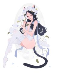 1girl animal_ears black_hair breasts cat_ears cat_girl cat_tail center_opening cleavage closed_eyes commentary english_commentary flower full_body hair_flower hair_ornament highres lace lace-trimmed_leotard lace-trimmed_thighhighs lace_trim leotard lingerie long_hair original piningappless ribbon solo tail thighhighs underwear white_background white_flower white_leotard white_thighhighs