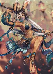 Rule 34 | 1girl, absurdres, animal ear piercing, animal ears, anklet, aqua nails, barefoot, black hair, blurry, blurry background, breasts, criss-cross halter, dark-skinned female, dark skin, detached sleeves, dual wielding, ear cuffs, halterneck, highres, holding, holding sword, holding weapon, jewelry, long hair, medium breasts, mihira (tainosugatayaki), mole, mole under eye, mouth veil, multicolored hair, navel, open mouth, original, rabbit ears, scar, scar on leg, scar on shoulder, scar on stomach, see-through clothes, see-through skirt, see-through sleeves, skirt, solo, sword, thighlet, two-tone hair, veil, weapon, white hair