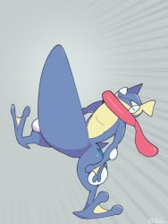 boke-chan creatures_(company) expressionless full_body game_freak gen_6_pokemon greninja looking_up nintendo no_humans pokemon pokemon_(creature) sexually_suggestive simple_background solo twitter_username what