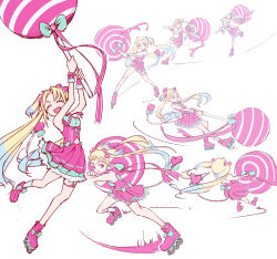 1girl :d ^_^ bare_shoulders blonde_hair blue_eyes blue_hair blue_socks boots bow candy closed_eyes fake_tail fang food hair_bow heart highres holding holding_candy holding_food holding_lollipop lao_ren_xing link!_like!_love_live! lollipop love_live! miniskirt official_alternate_costume open_mouth osawa_rurino pink_boots pink_bow pink_shirt pink_skirt pinstripe_socks pleated_skirt roller_skates shirt short_sleeves single_sock skates skirt skirt_set smile socks swinging_weapon tail v-shaped_eyebrows virtual_youtuber wawo!_(love_live!)