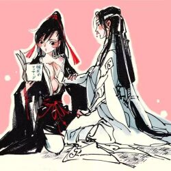 Rule 34 | 1boy, 1girl, black eyes, black hair, black hanfu, blood, blush, blush stickers, book, breasts, chinese clothes, cleavage, collarbone, faux traditional media, genderswap, genderswap (mtf), grabbing another&#039;s breast, groping, hair ornament, hair ribbon, hand on another&#039;s chest, hanfu, headband, hetero, high ponytail, holding, holding another&#039;s wrist, holding book, ink wash painting, kcllzas163, kneeling, lan wangji, long hair, long sleeves, looking at another, looking at object, medium breasts, modao zushi, nosebleed, open clothes, open robe, outline, pants, parted lips, pink background, ponytail, reading, red ribbon, red sash, ribbon, robe, sash, sitting, tassel, tassel hair ornament, third-party source, very long hair, wei wuxian, white hanfu, white headband, white outline, white pants, wide sleeves