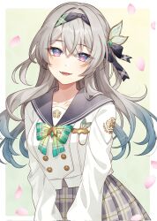1girl blue_hair bow bowtie buttons commentary_request double-breasted falling_petals firefly_(honkai:_star_rail) firefly_(spring_missive)_(honkai:_star_rail) gradient_hair green_bow green_bowtie green_hair grey_hair grey_sailor_collar grey_skirt hairband highres honkai:_star_rail honkai_(series) long_hair multicolored_eyes multicolored_hair open_mouth petals plaid_bow plaid_bowtie plaid_clothes plaid_skirt pleated_skirt pochimaru_(marumaru_wanwan) purple_eyes sailor_collar shirt skirt solo two-tone_eyes two-tone_hair upper_body white_shirt