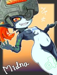 1girl artist_request black_skin breasts colored_sclera colored_skin helmet highres long_hair looking_at_viewer midna multicolored_skin navel nintendo one_eye_covered orange_hair pointy_ears red_eyes smile solo the_legend_of_zelda the_legend_of_zelda:_twilight_princess two-tone_skin yellow_sclera