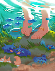 1other bandaid bandaid_on_foot barboach barefoot closed_eyes commentary creature english_commentary feet fish gen_1_pokemon gen_2_pokemon gen_3_pokemon gen_7_pokemon highres horns krabby looking_at_viewer nintendo nnchan oddish pikachu pokemon pokemon_(creature) poliwag rock shellder standing tongue tongue_out wishiwashi wishiwashi_(solo) wooper