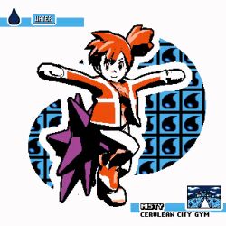 1girl blue_eyes breasts competition_swimsuit gen_1_pokemon gym_leader jacket limitiv long_sleeves looking_at_viewer misty_(pokemon) nintendo one-piece_swimsuit open_clothes open_jacket orange_hair pokemon pokemon_gsc ponytail short_hair smile solo sportswear standing starmie swimsuit track_jacket