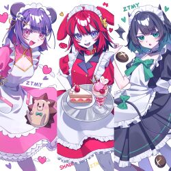 3girls alternate_costume animal_ears apron black_hair cake cake_slice colored_inner_hair cowboy_shot dog_ears dog_girl double_bun food green_eyes green_hair hair_bun hedgehog highres looking_at_viewer maid maid_apron maid_headdress multicolored_hair multiple_girls nira-chan nira-chan_(shade_no_hokori_wa_encho)_(zutomayo) niwatonira pink_eyes pink_hair purple_hair qi_maid red_hair streaked_hair uniguri_(zutomayo) zutto_mayonaka_de_ii_no_ni