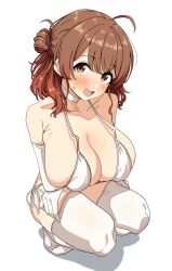 1girl :d ahoge alternate_breast_size bikini blush breasts brown_eyes brown_hair choker collarbone commentary_request elbow_gloves gakuen_idolmaster gloves hanami_ume highres huge_breasts idolmaster long_hair looking_at_viewer medium_hair open_mouth seihekiog simple_background smile solo squatting swimsuit thighhighs white_background white_bikini white_choker white_gloves white_thighhighs