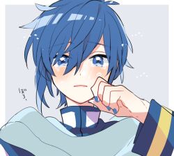 1boy blue_eyes blue_hair blue_nails blue_scarf blush border commentary_request crying crying_with_eyes_open grey_background hand_up high_collar kaito_(vocaloid) long_sleeves looking_at_viewer male_focus nail_polish parted_lips scarf short_hair simple_background solo tears upper_body vocaloid white_background yoshiki